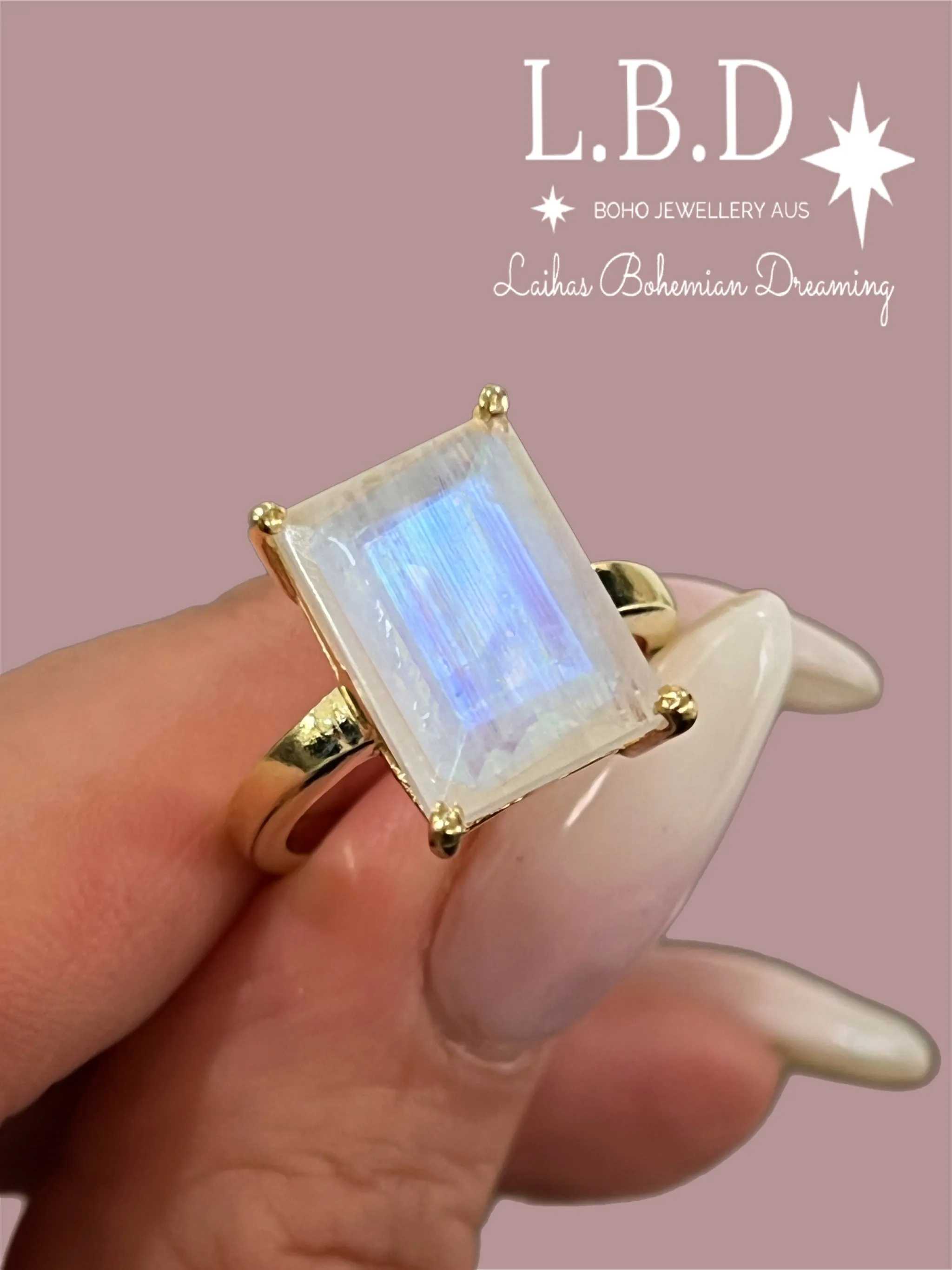 Laihas Miraculous Emerald Cut Crystal Gold Moonstone Ring