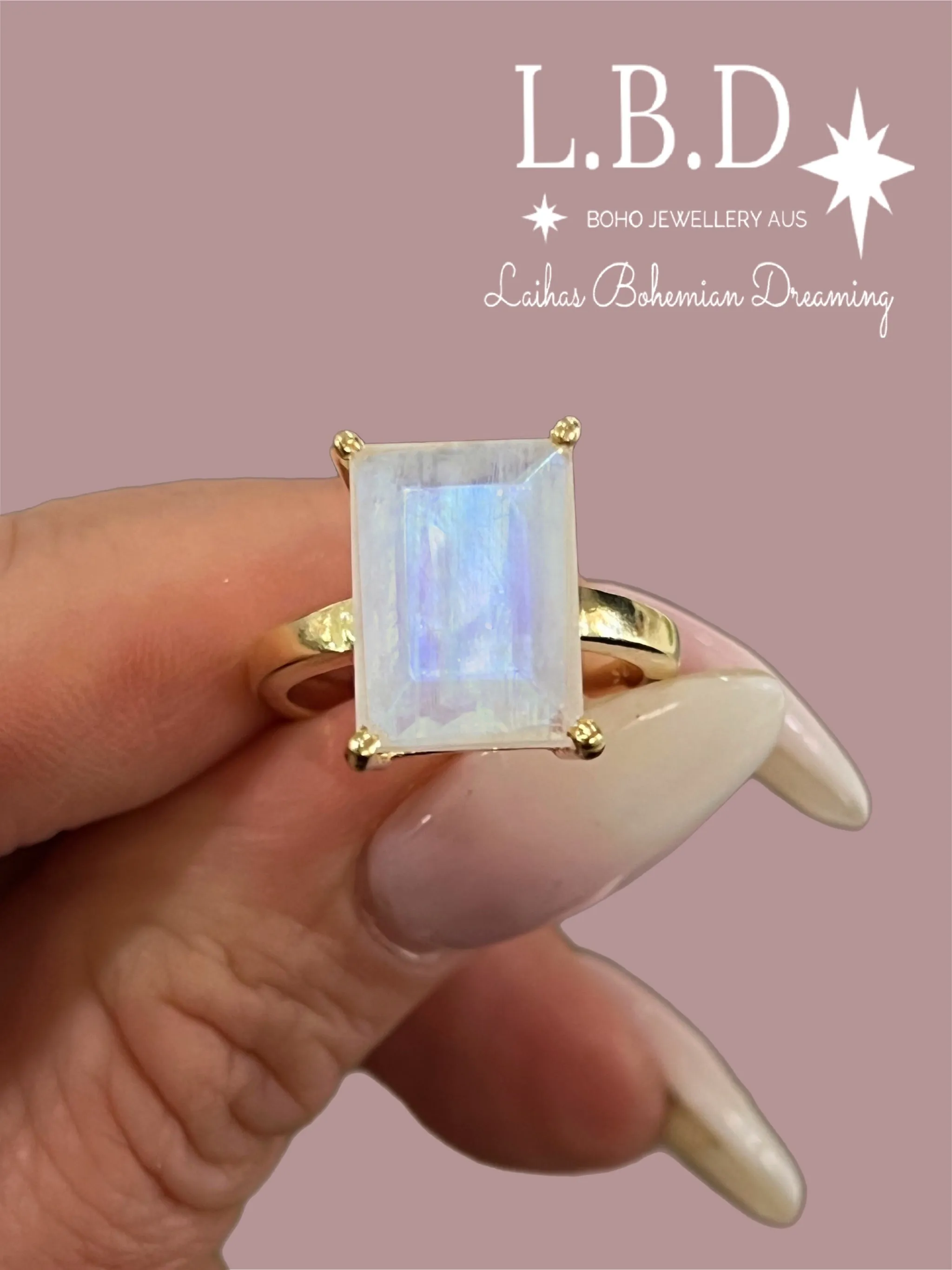 Laihas Miraculous Emerald Cut Crystal Gold Moonstone Ring