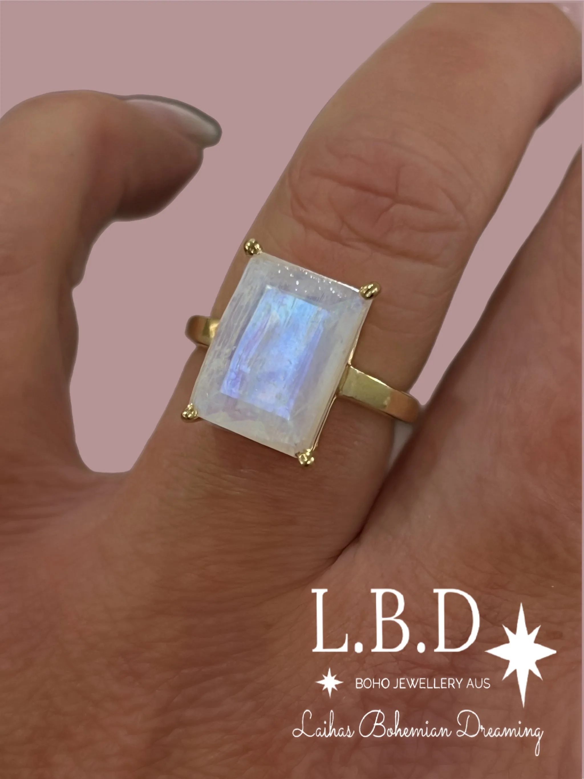 Laihas Miraculous Emerald Cut Crystal Gold Moonstone Ring