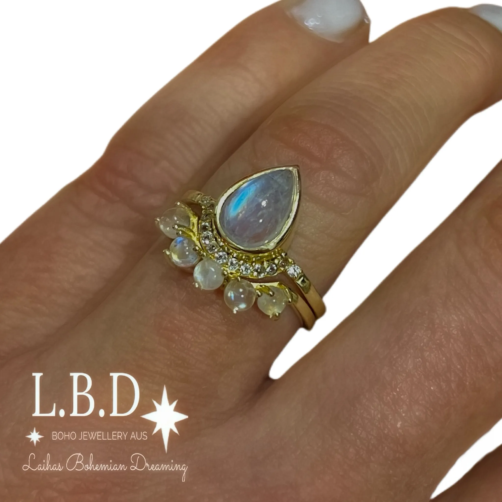 Laihas Over The Rainbow Topaz and Moonstone Rings -Gold- Twin Ring Set