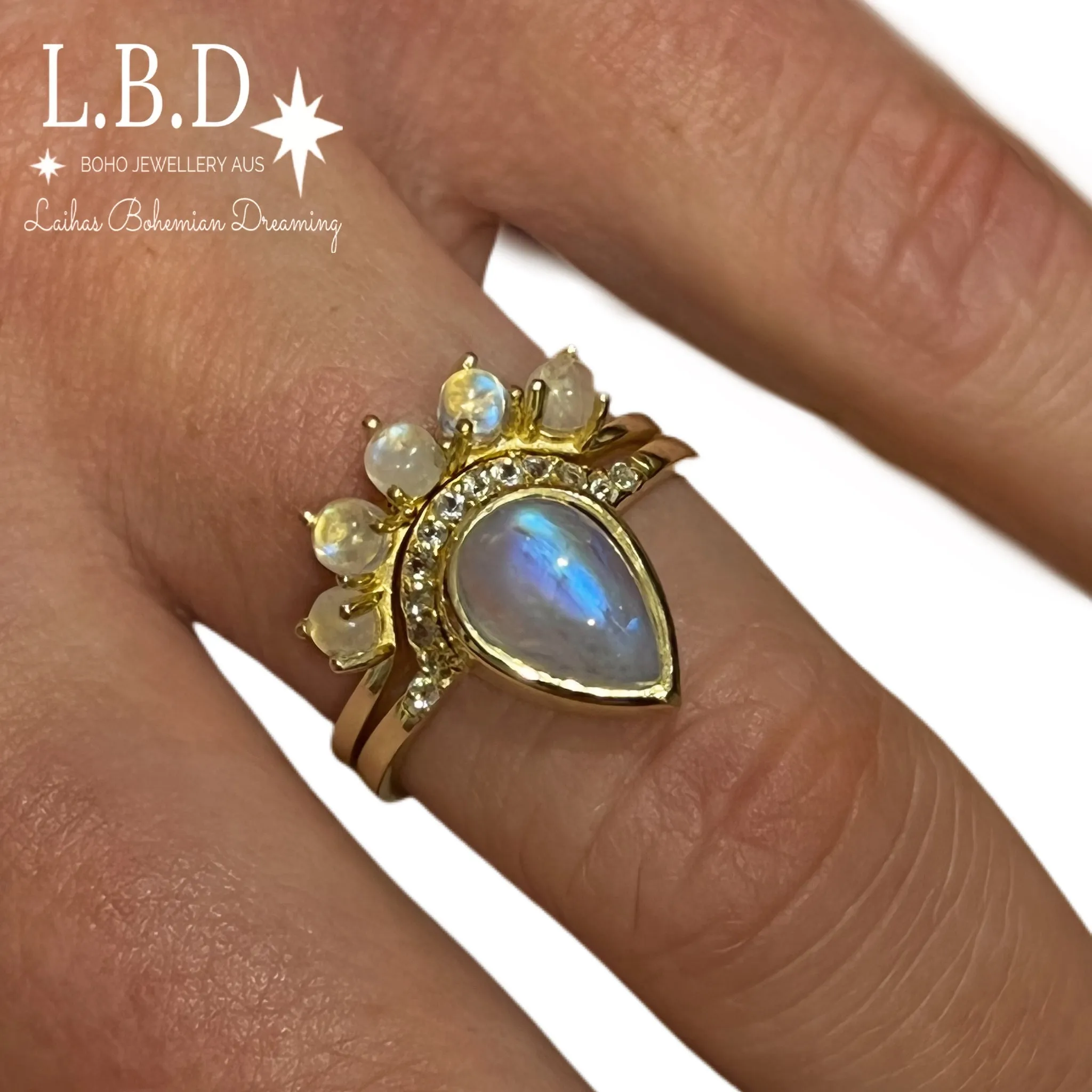 Laihas Over The Rainbow Topaz and Moonstone Rings -Gold- Twin Ring Set