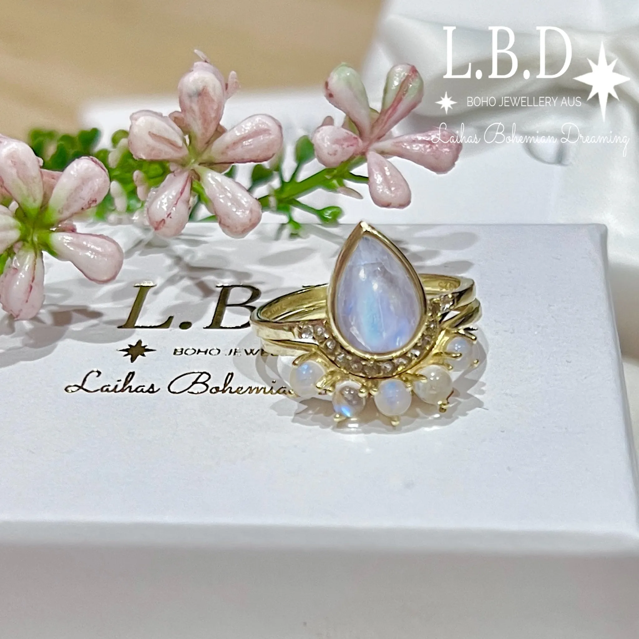 Laihas Over The Rainbow Topaz and Moonstone Rings -Gold- Twin Ring Set