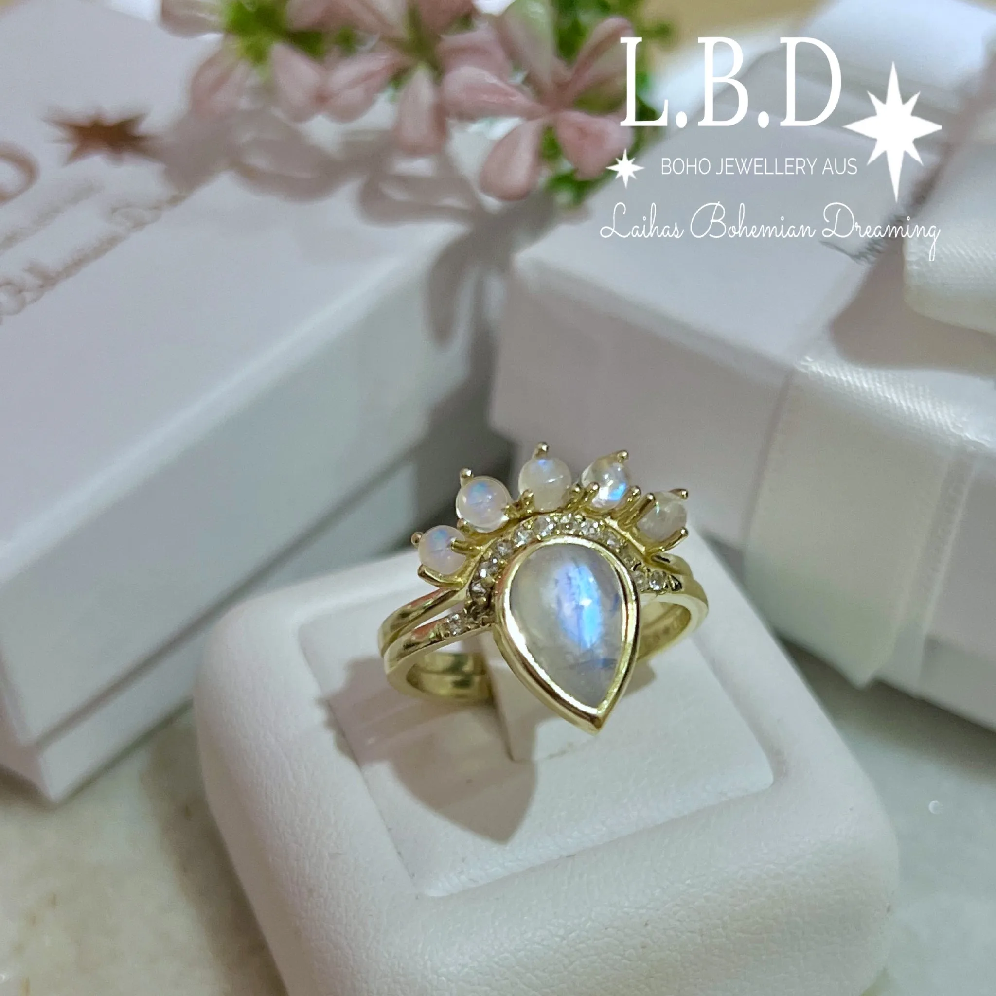 Laihas Over The Rainbow Topaz and Moonstone Rings -Gold- Twin Ring Set