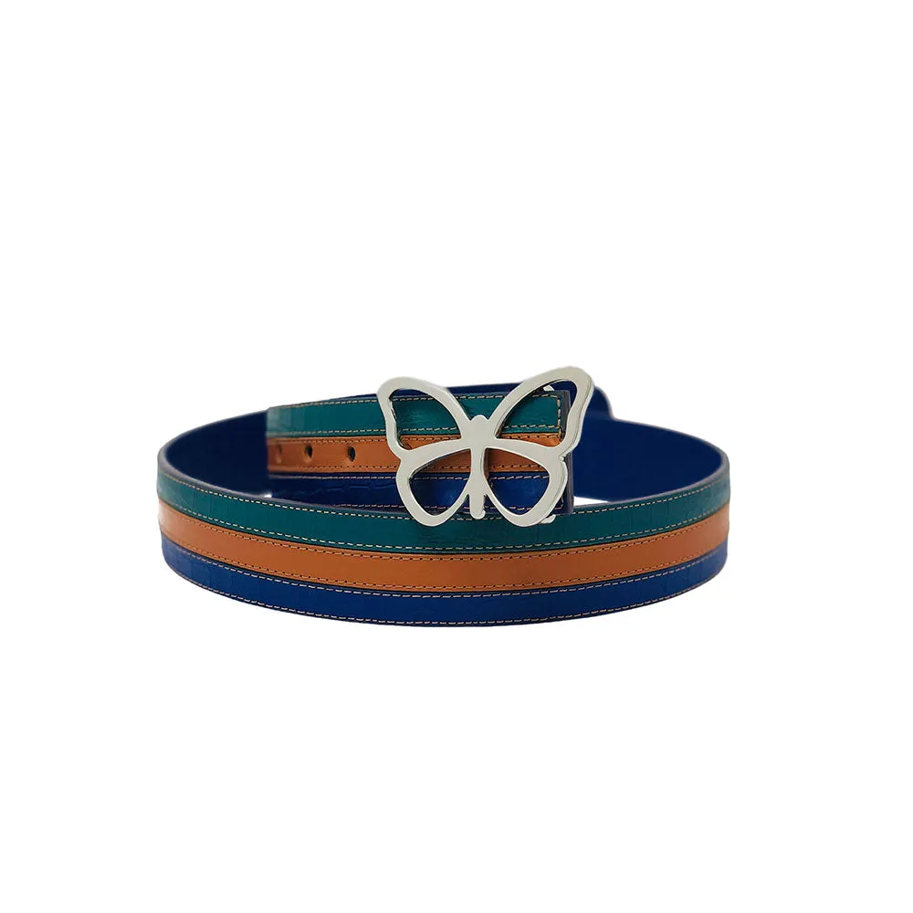 Leather Belt Navy, Cognac & Forest Triple Stripe
