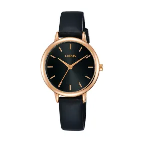 Lorus Women's Black & Rose Gold Leather Strap Watch Model RG242NX9