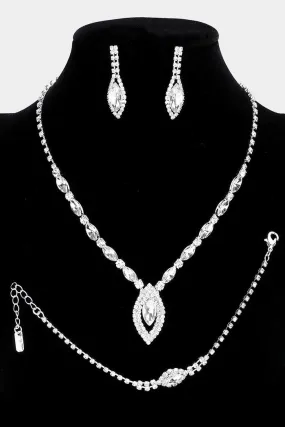 Marquise Drop Crystal Rhinestone Silver Necklace, Earring and Bracelet Set