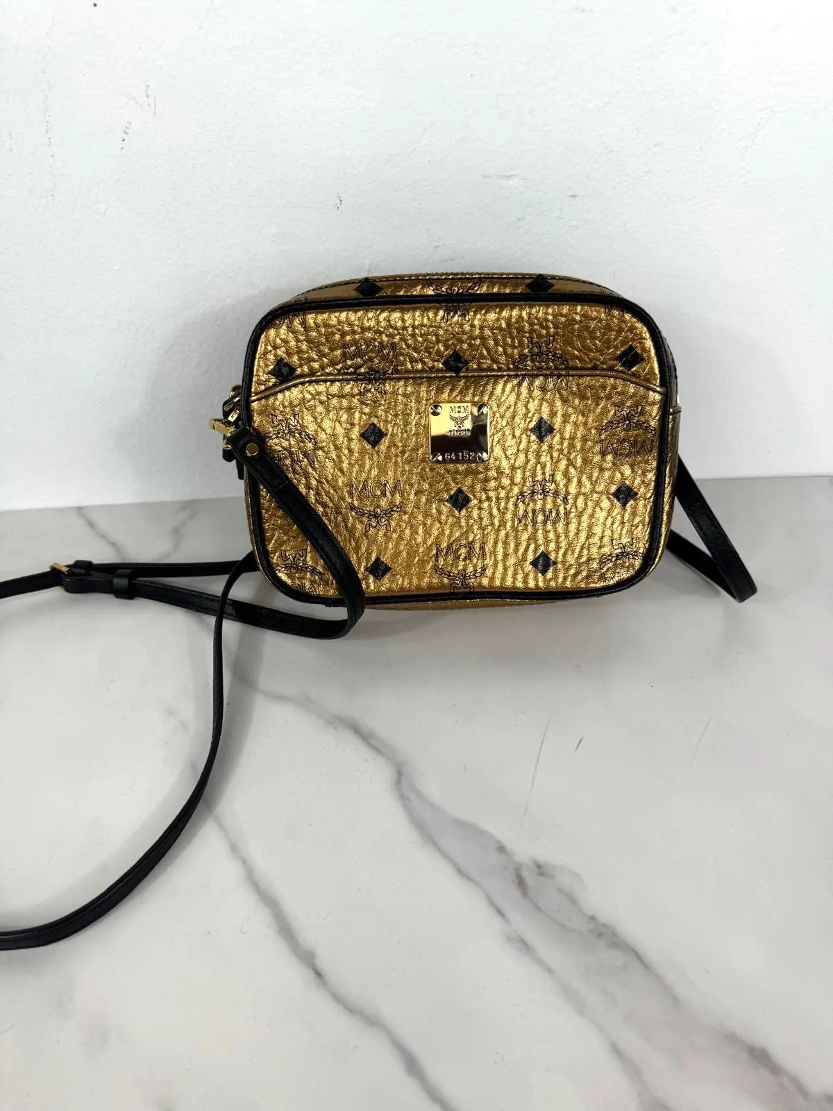 MCM METALLIC GOLD VISETOS CAMERA CROSSBODY BAG