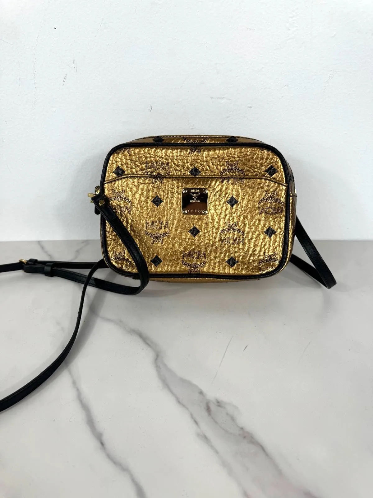MCM METALLIC GOLD VISETOS CAMERA CROSSBODY BAG