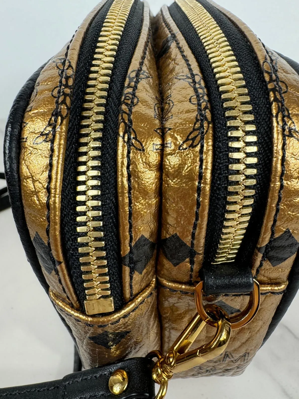 MCM METALLIC GOLD VISETOS CAMERA CROSSBODY BAG