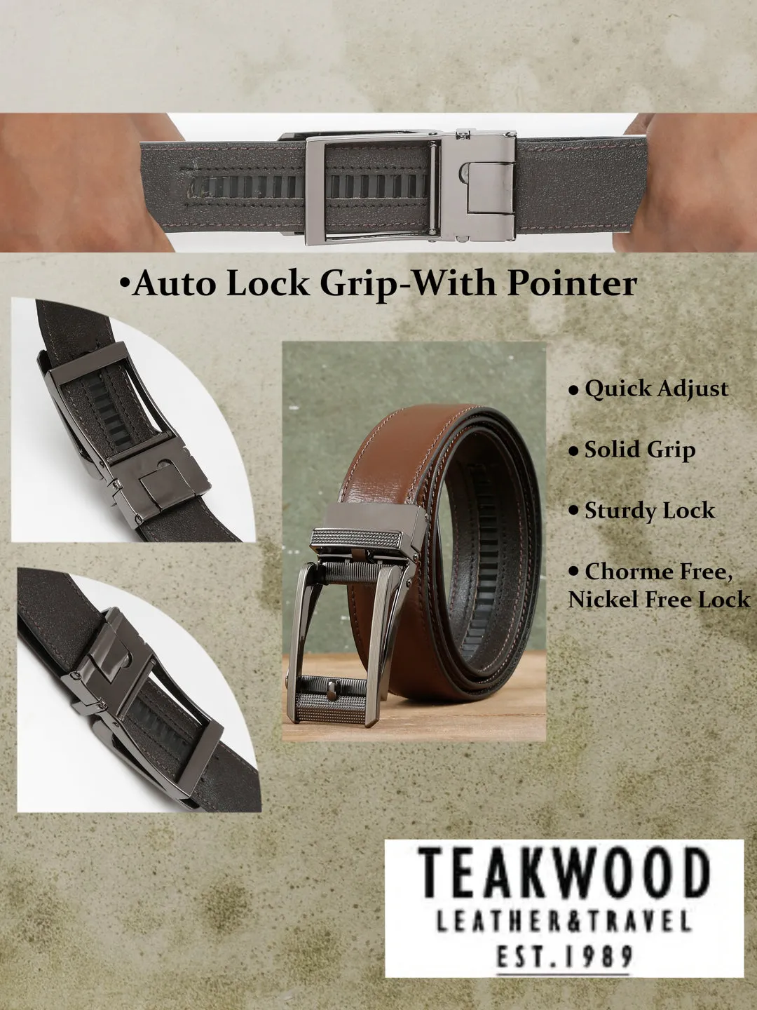 Men Texture Brown Leather Auto-Lock Buckle Belt