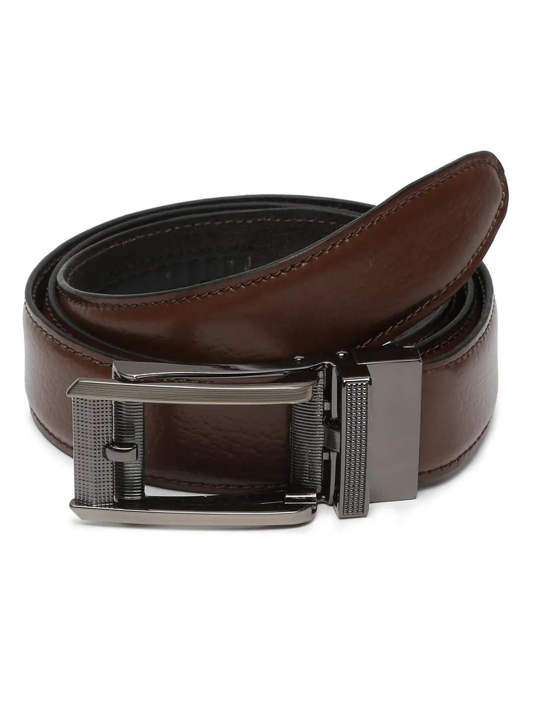 Men Texture Brown Leather Auto-Lock Buckle Belt