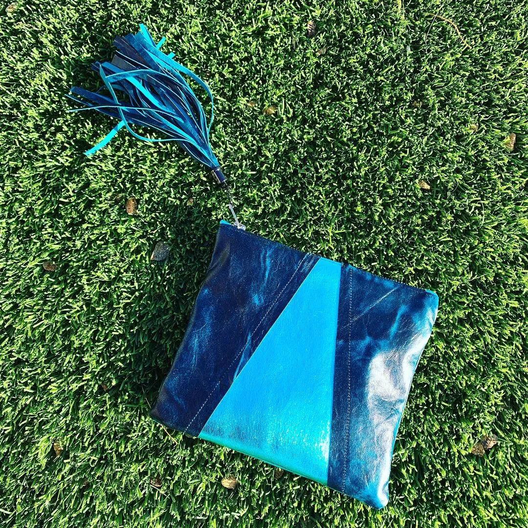 Metallic Aqua & Teal Colorblock Leather Clutch