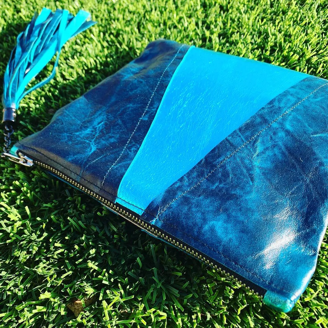 Metallic Aqua & Teal Colorblock Leather Clutch
