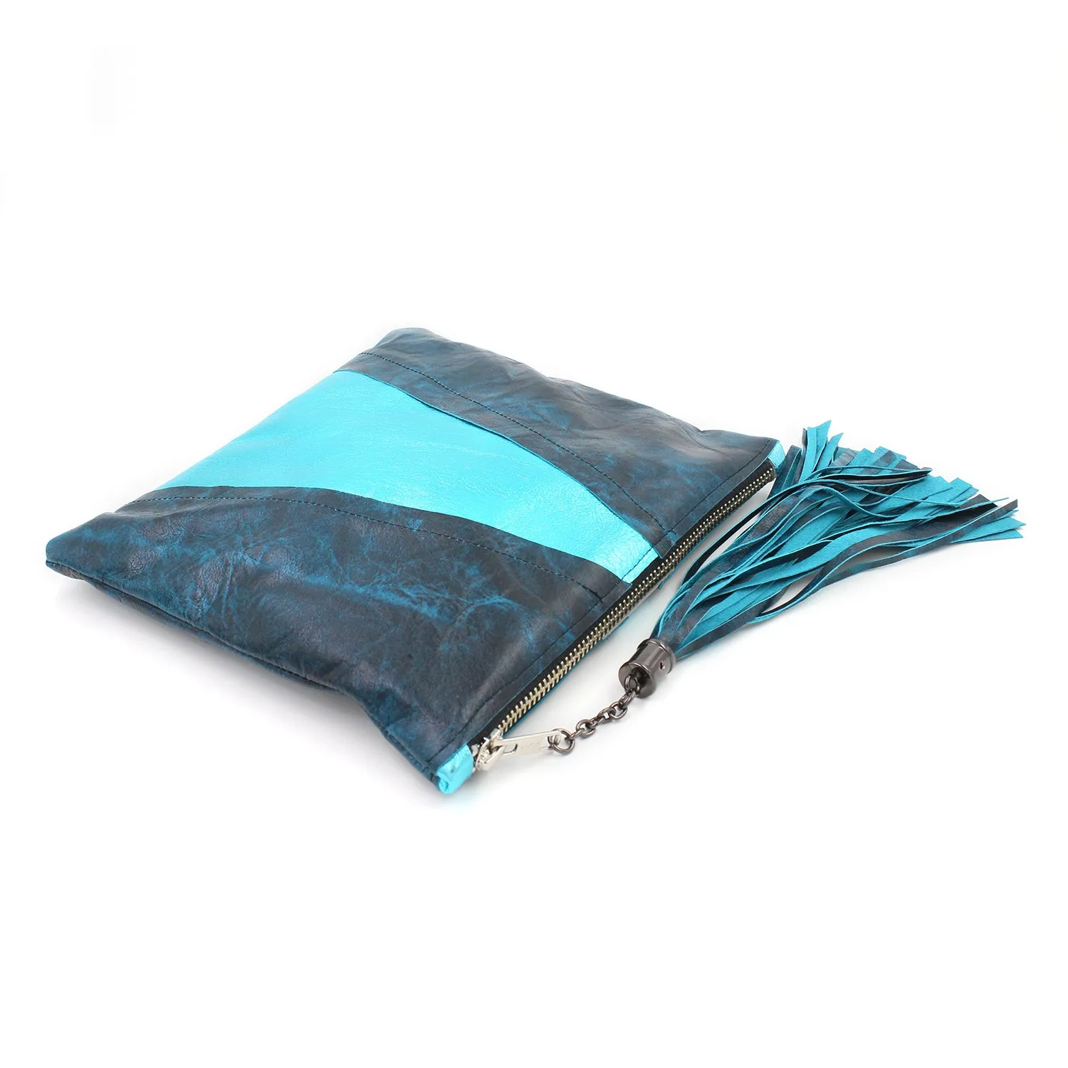 Metallic Aqua & Teal Colorblock Leather Clutch