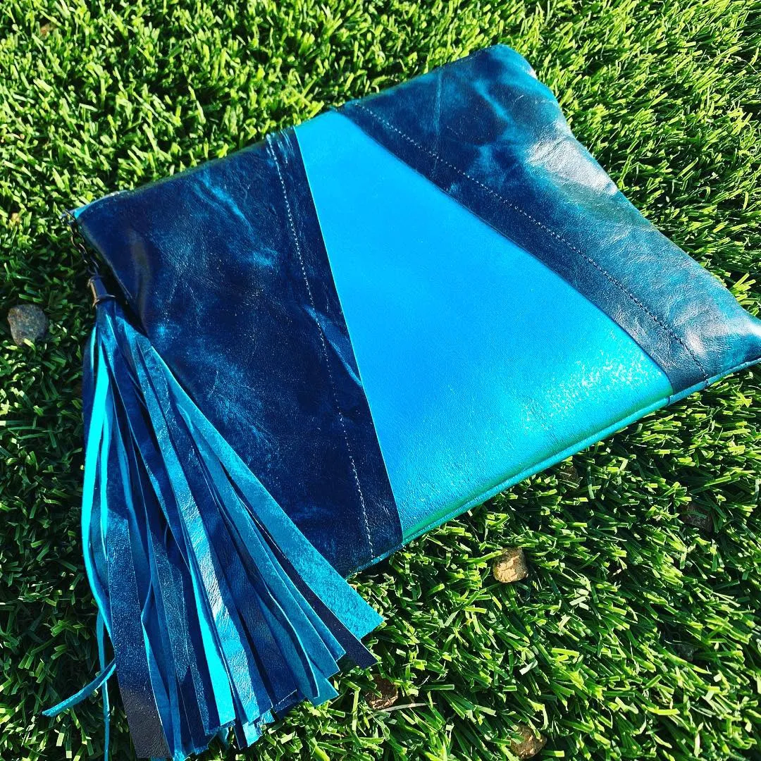 Metallic Aqua & Teal Colorblock Leather Clutch