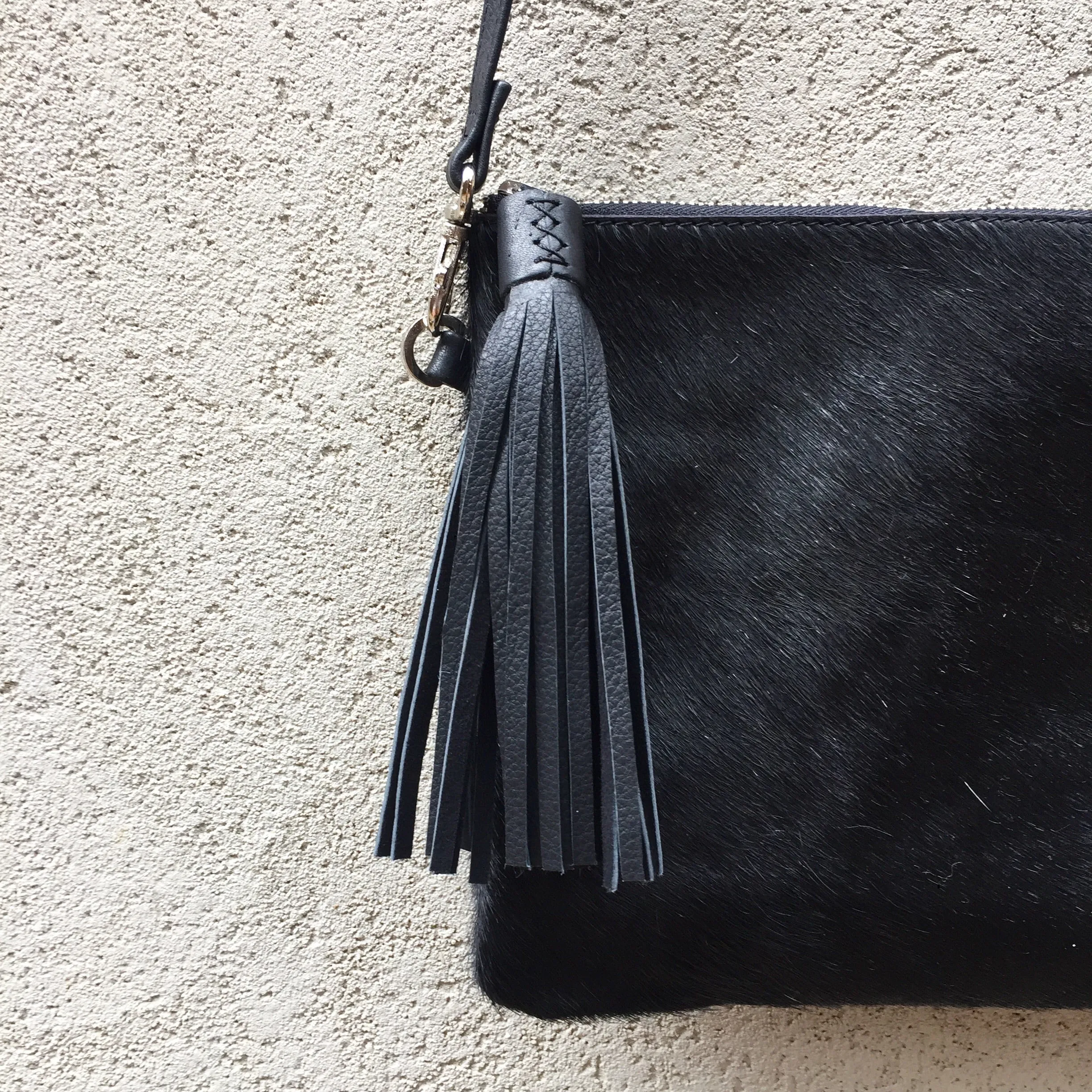 Midnight Cowhide and Leather Crossbody Clutch Bag