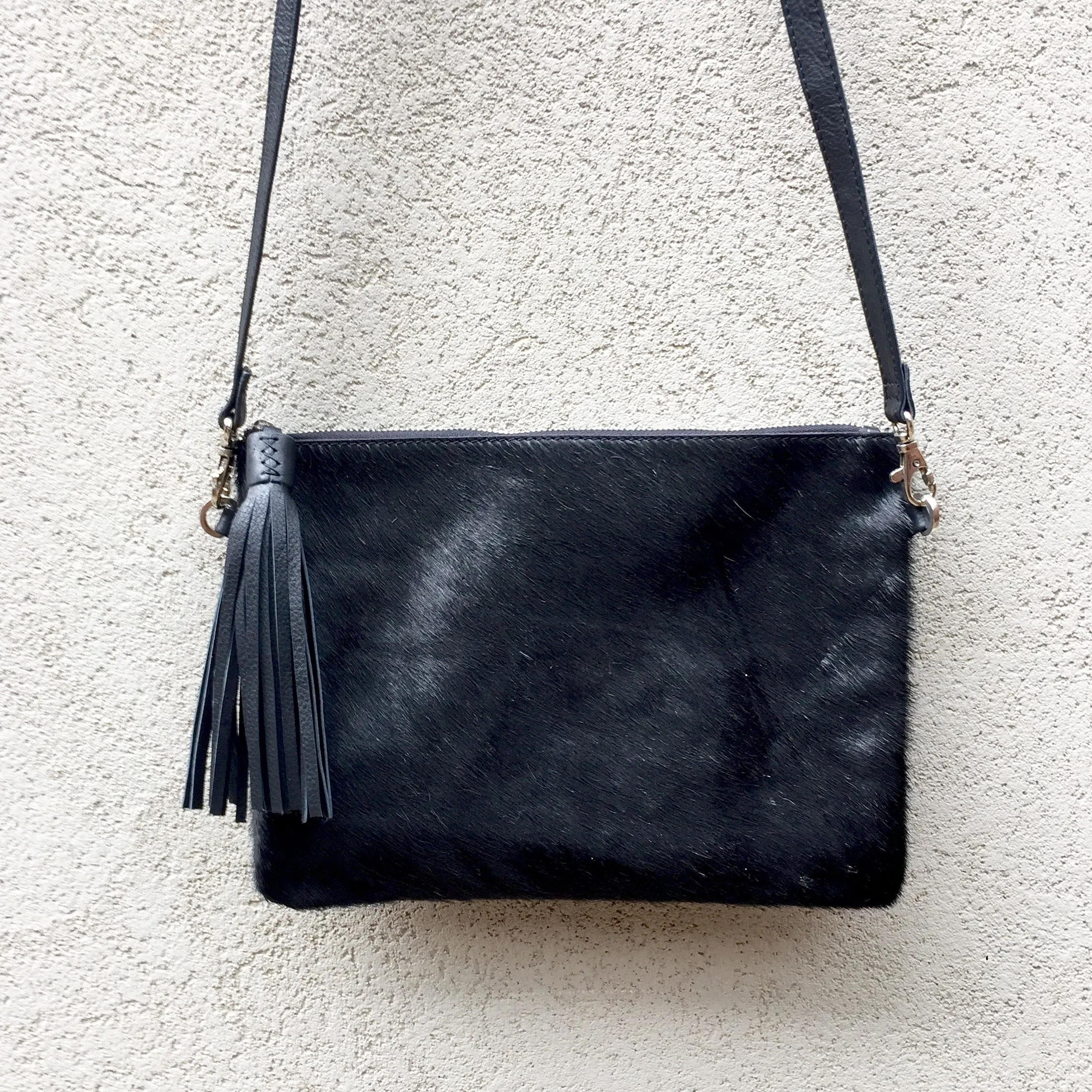 Midnight Cowhide and Leather Crossbody Clutch Bag