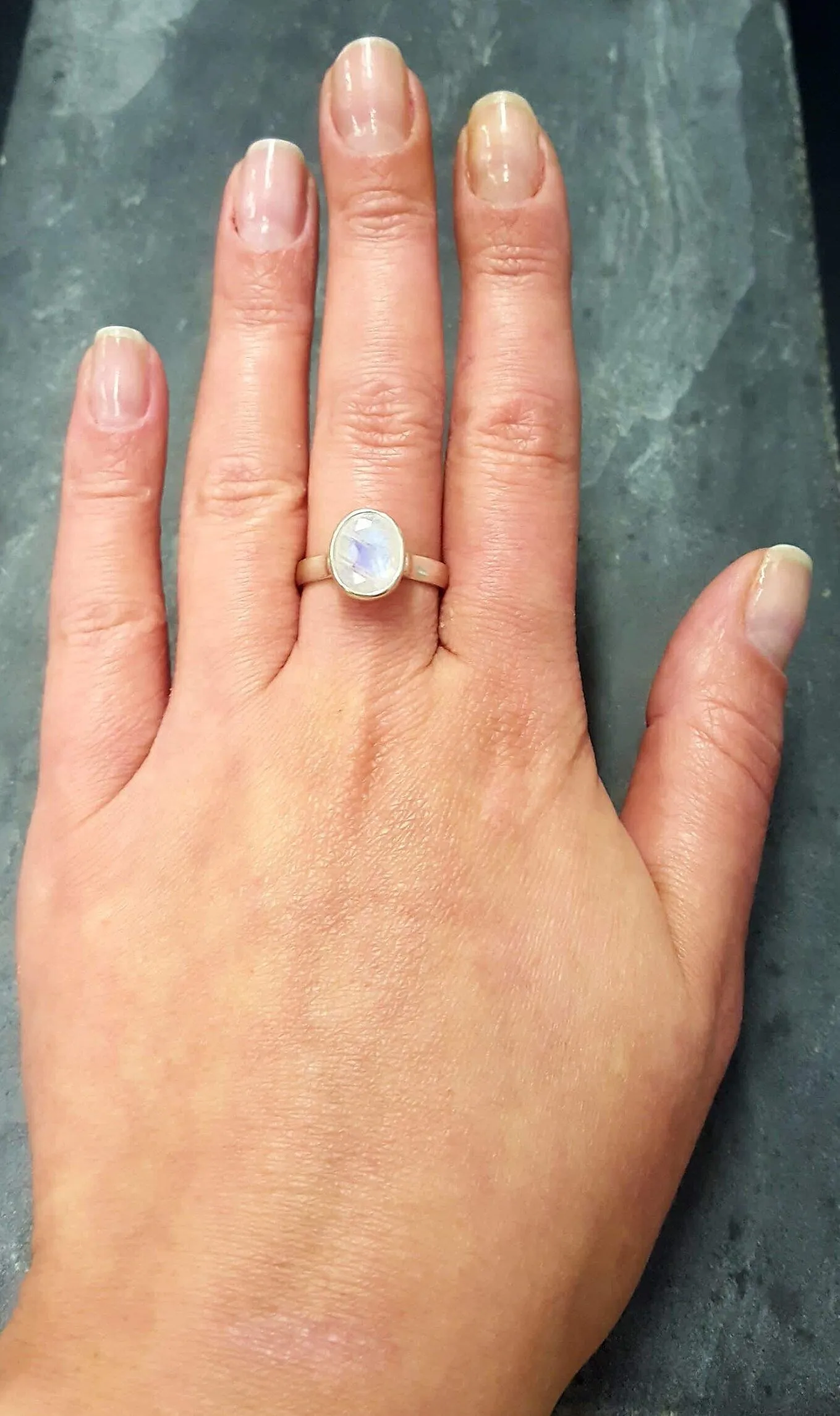 Moonstone Ring - Rainbow Oval Ring - Vintage Bezel Ring