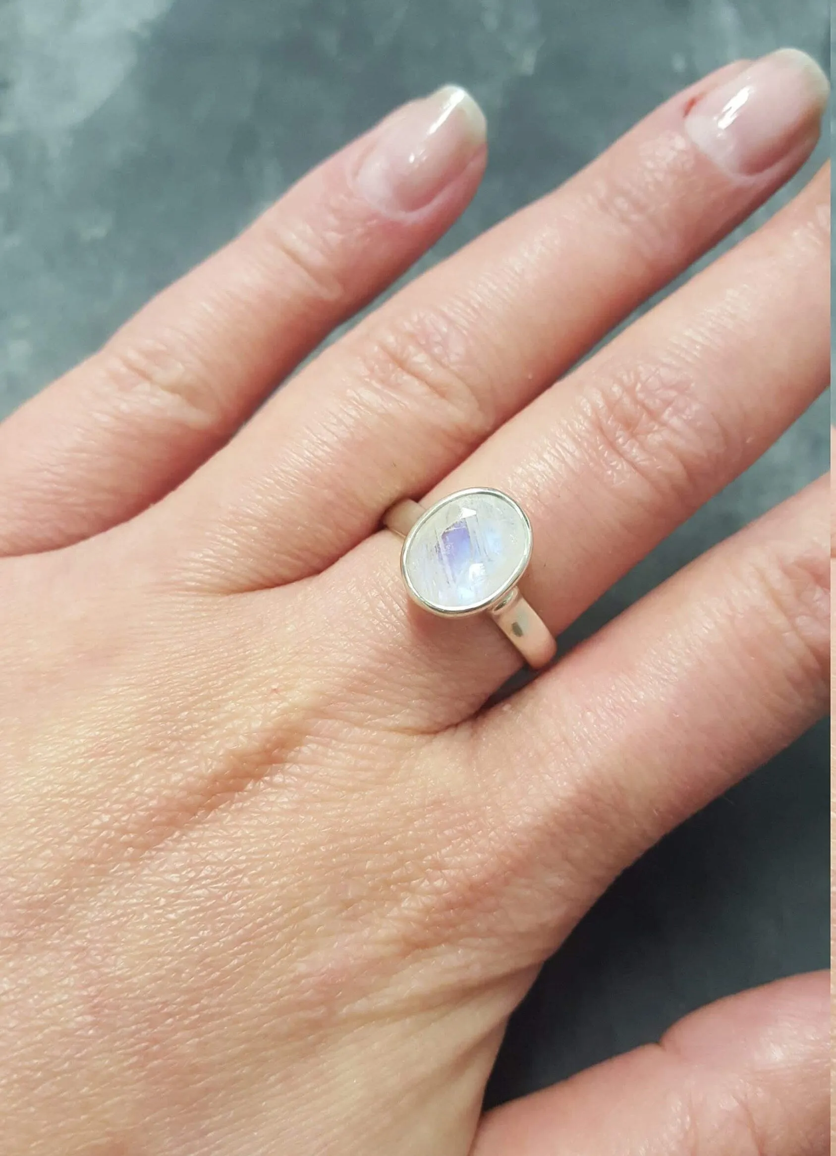 Moonstone Ring - Rainbow Oval Ring - Vintage Bezel Ring