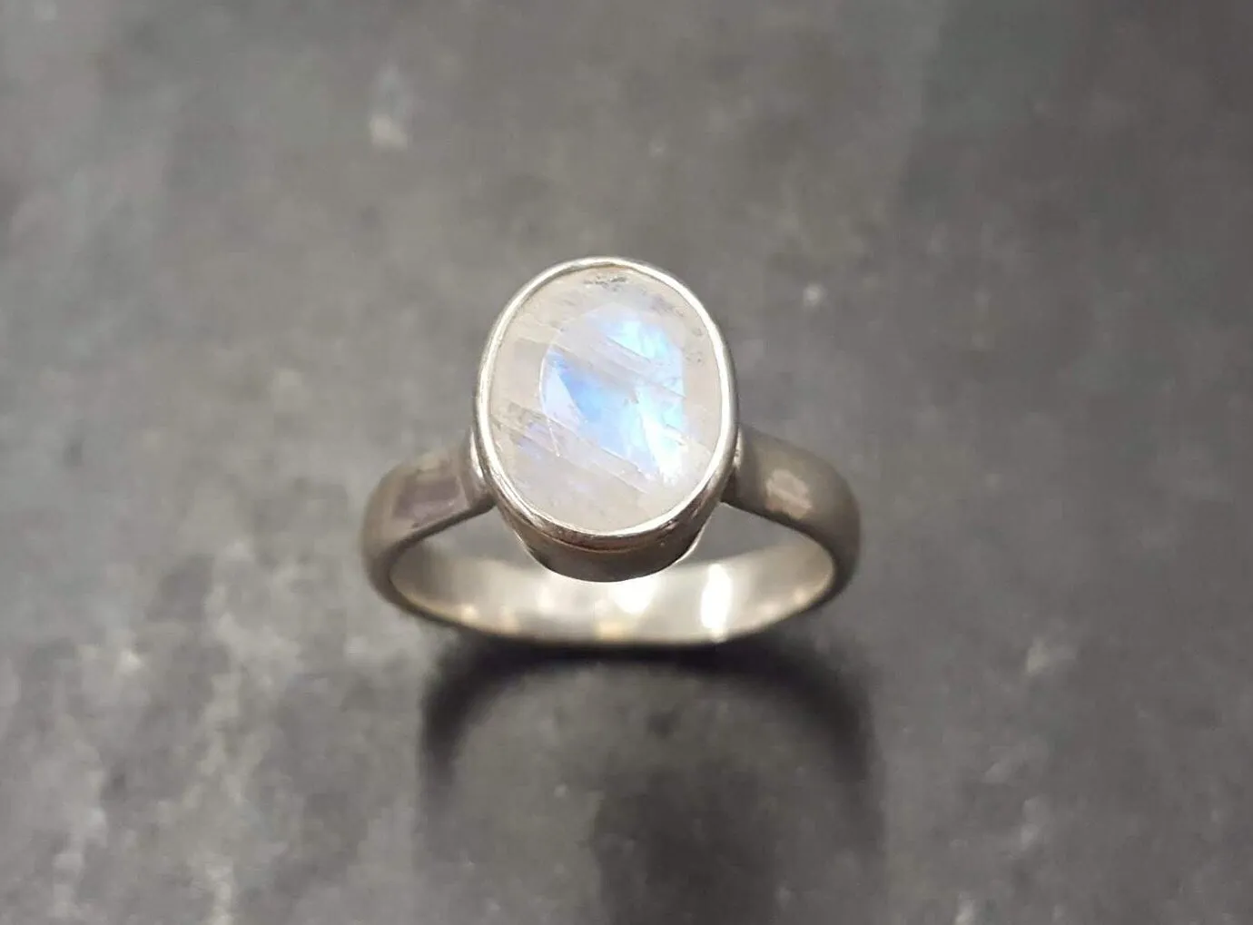 Moonstone Ring - Rainbow Oval Ring - Vintage Bezel Ring