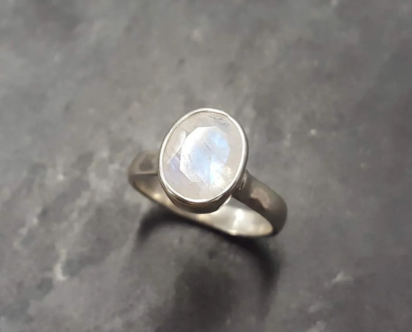 Moonstone Ring - Rainbow Oval Ring - Vintage Bezel Ring