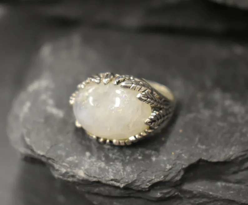 Moonstone Ring - White Statement Ring - Leaf Silver Ring