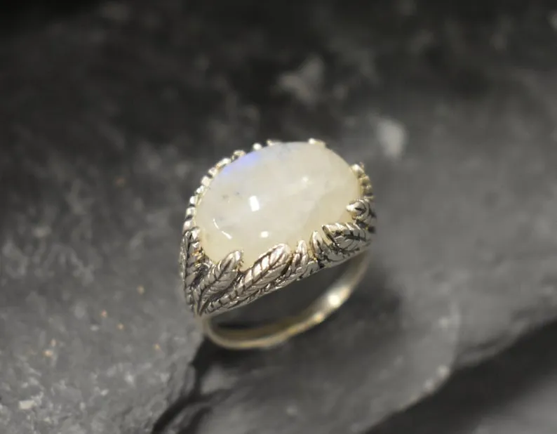 Moonstone Ring - White Statement Ring - Leaf Silver Ring