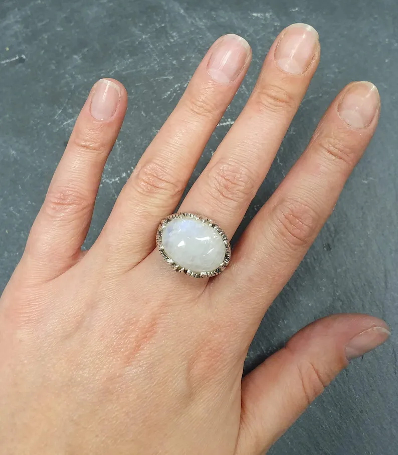 Moonstone Ring - White Statement Ring - Leaf Silver Ring