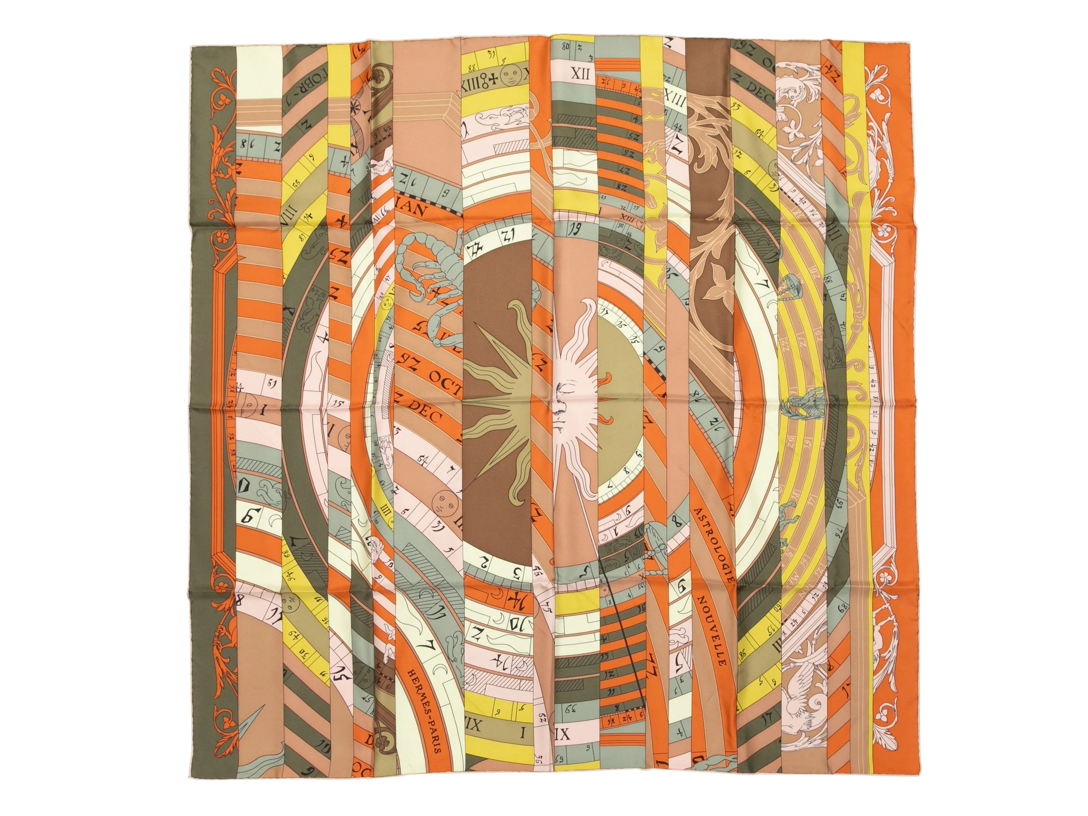 Orange & Multicolor Hermes Astrologie Nouvelle Motif Printed Silk Scarf