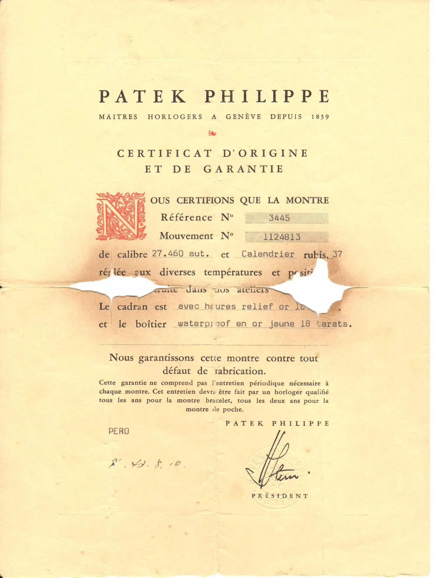 Patek Philippe 3445J Vintage Automatic Date Calatrava Watch, With Orig. Cert. Circa 1967