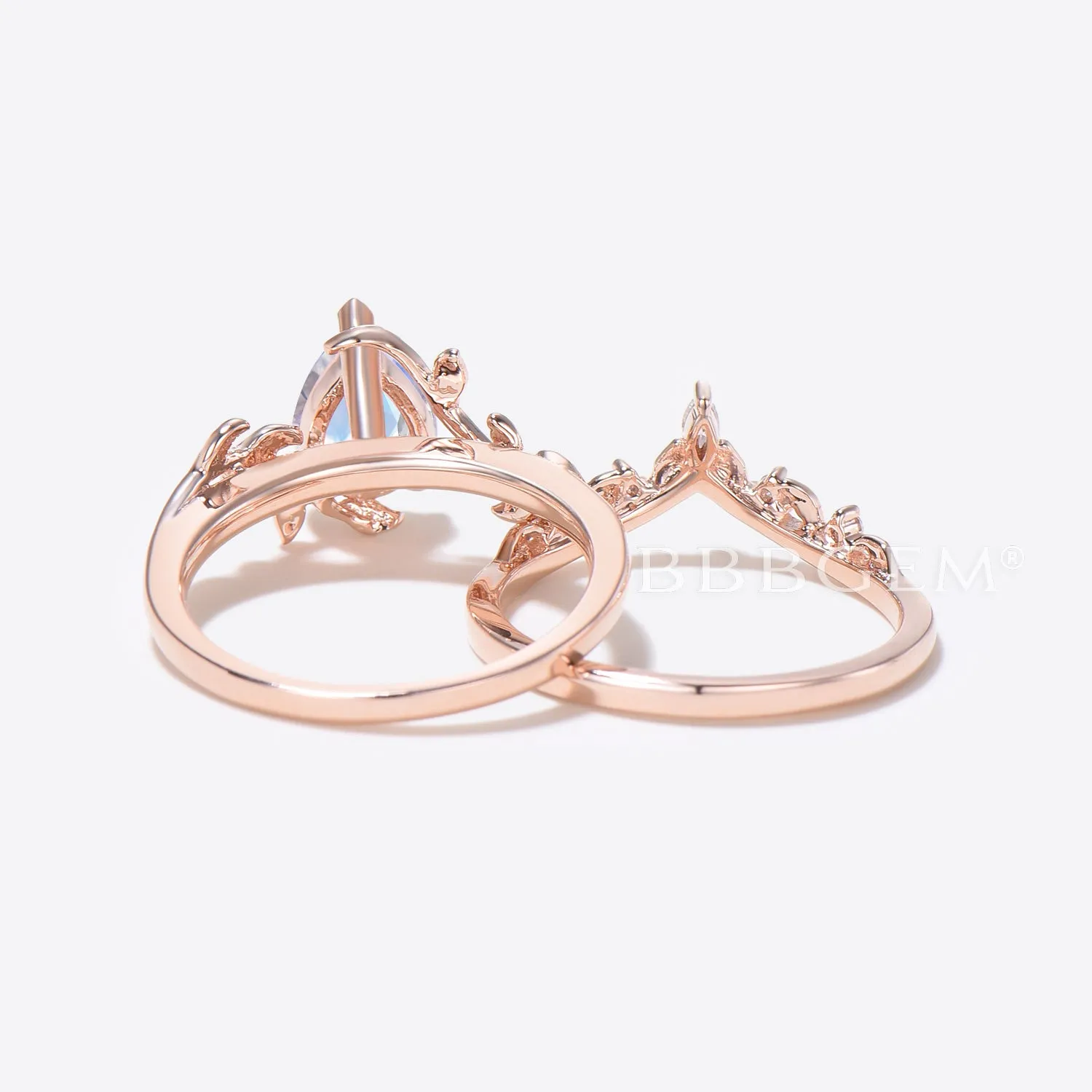 Pear Natural Moonstone Bridal Set Leaf Vine Diamond Engagement Ring