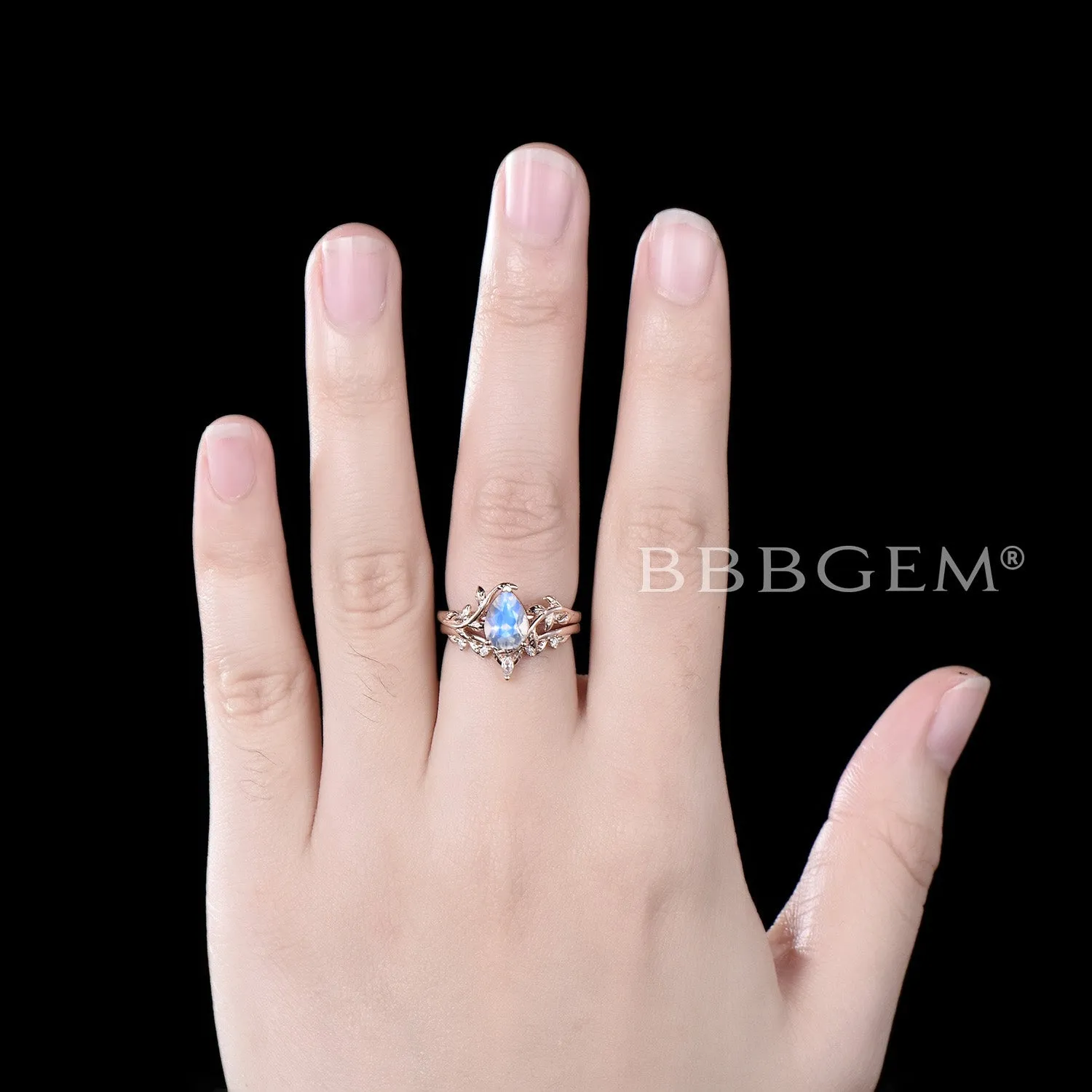 Pear Natural Moonstone Bridal Set Leaf Vine Diamond Engagement Ring