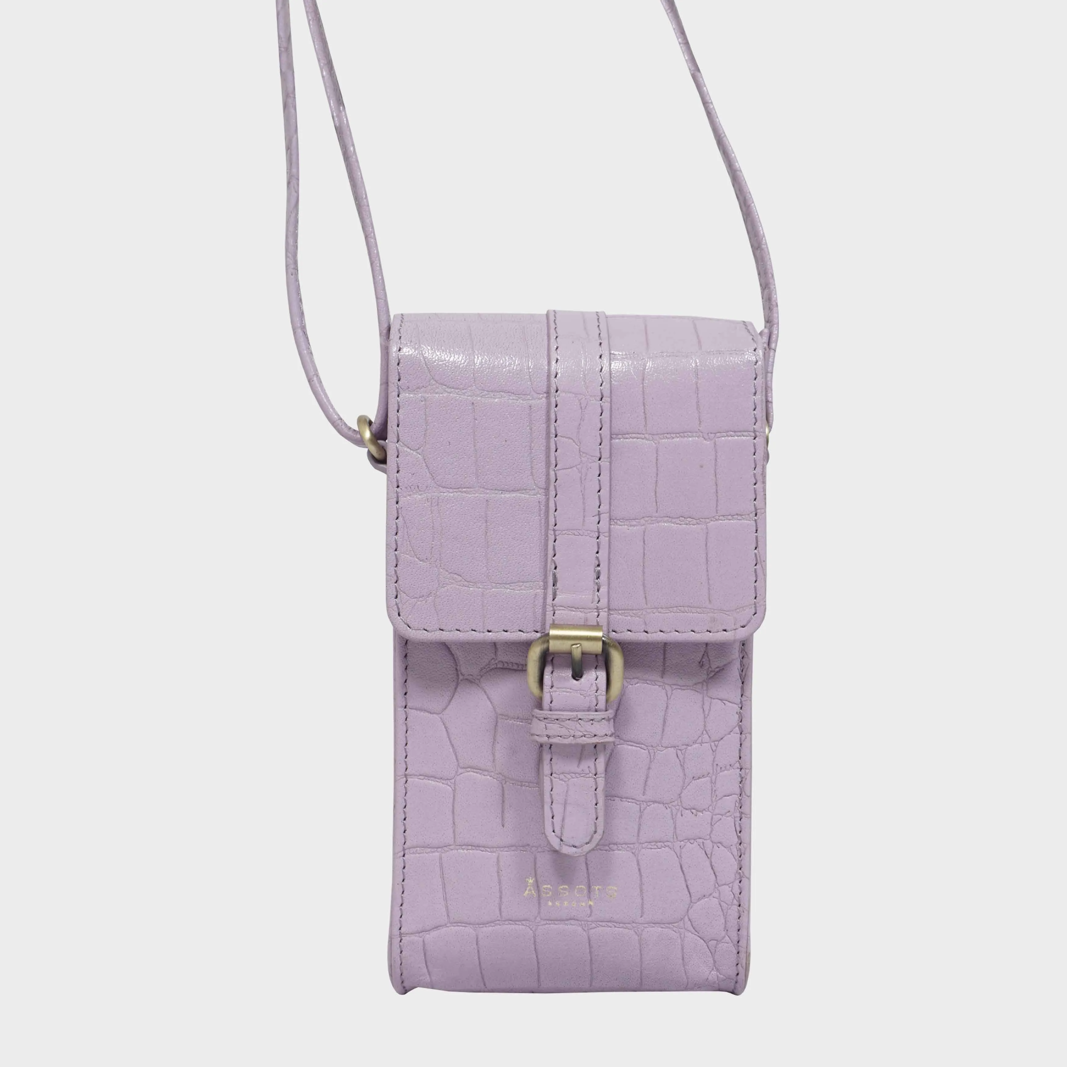 'PETRA' Lilac Croc Real Leather Mobile Phone Crossbody Bag