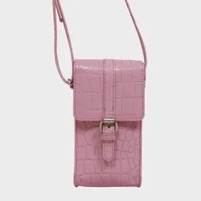 'PETRA' Pink Croc Real Leather Mobile Phone Crossbody Bag