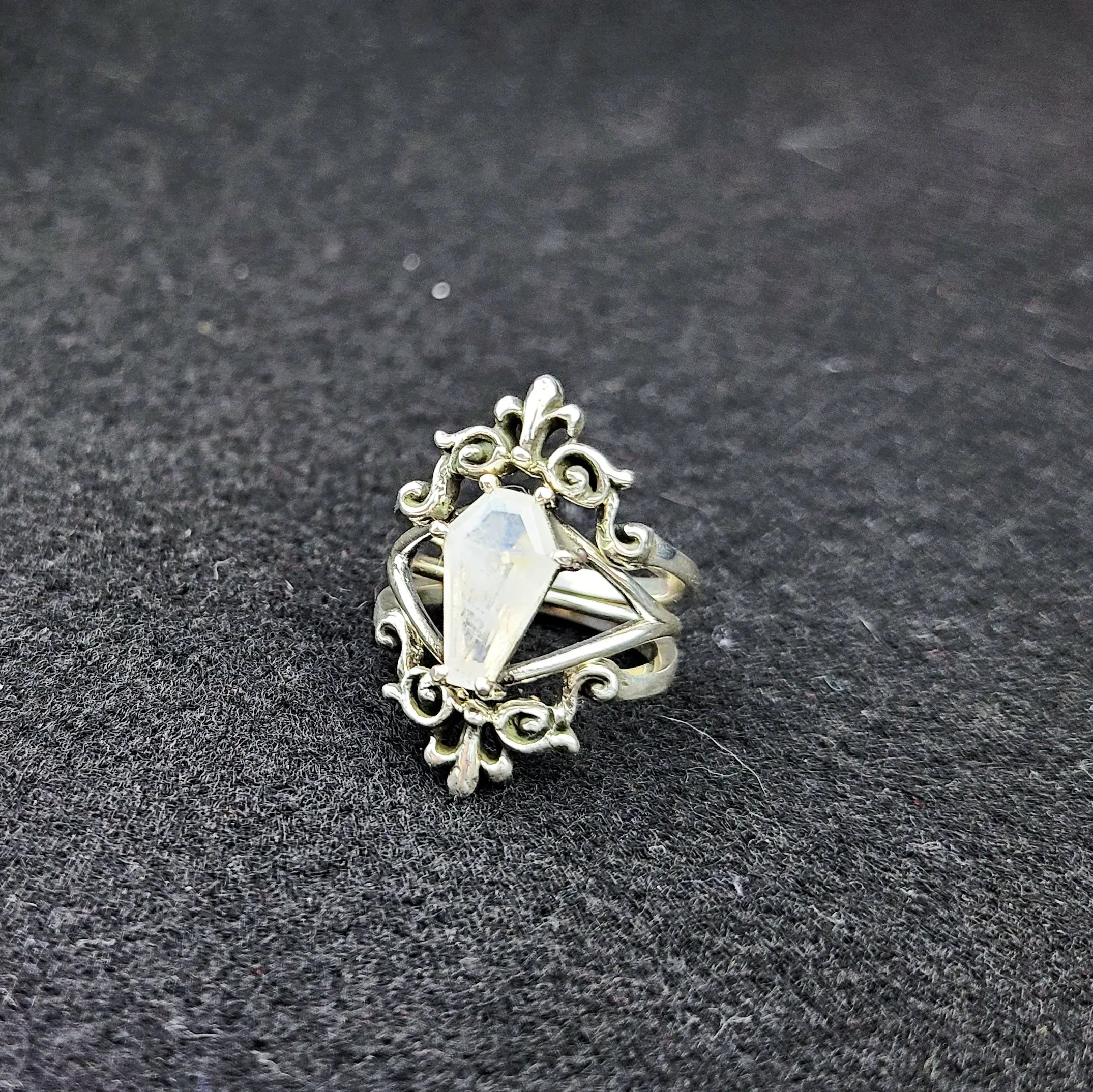 Rainbow Moonstone Coffin Ring with Baroque Lace Stacking Ring Combo