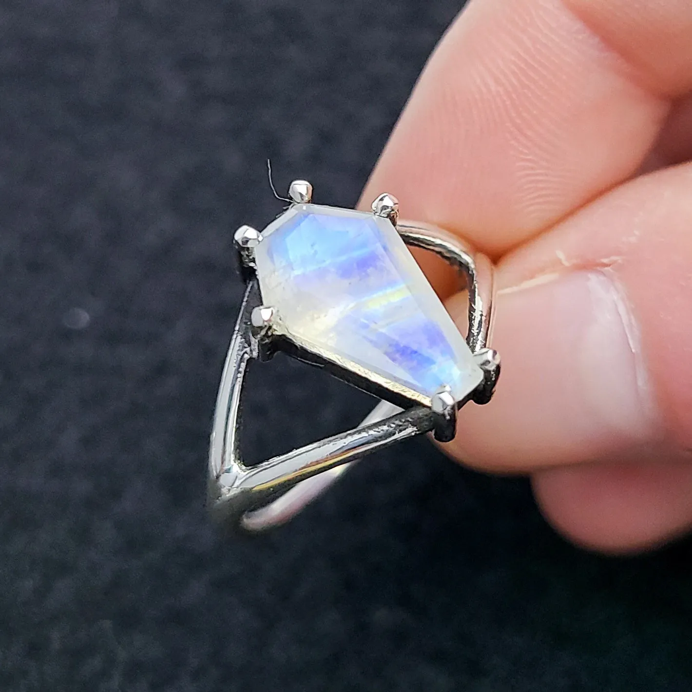 Rainbow Moonstone Coffin Ring with Baroque Lace Stacking Ring Combo