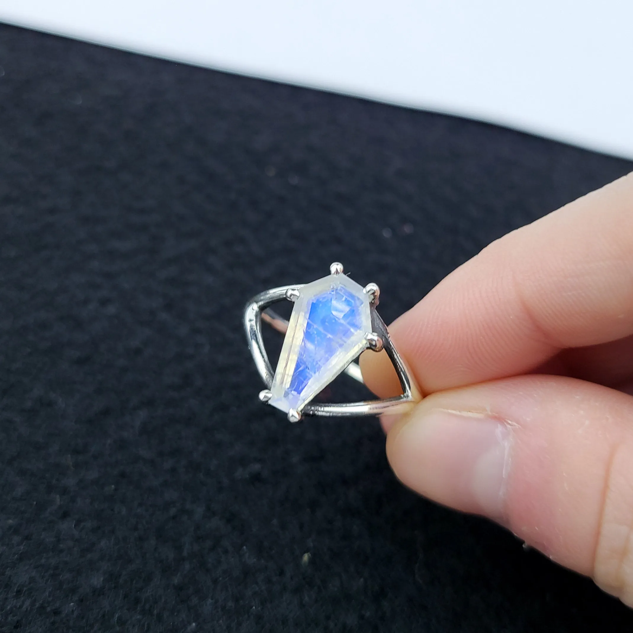 Rainbow Moonstone Coffin Ring with Baroque Lace Stacking Ring Combo