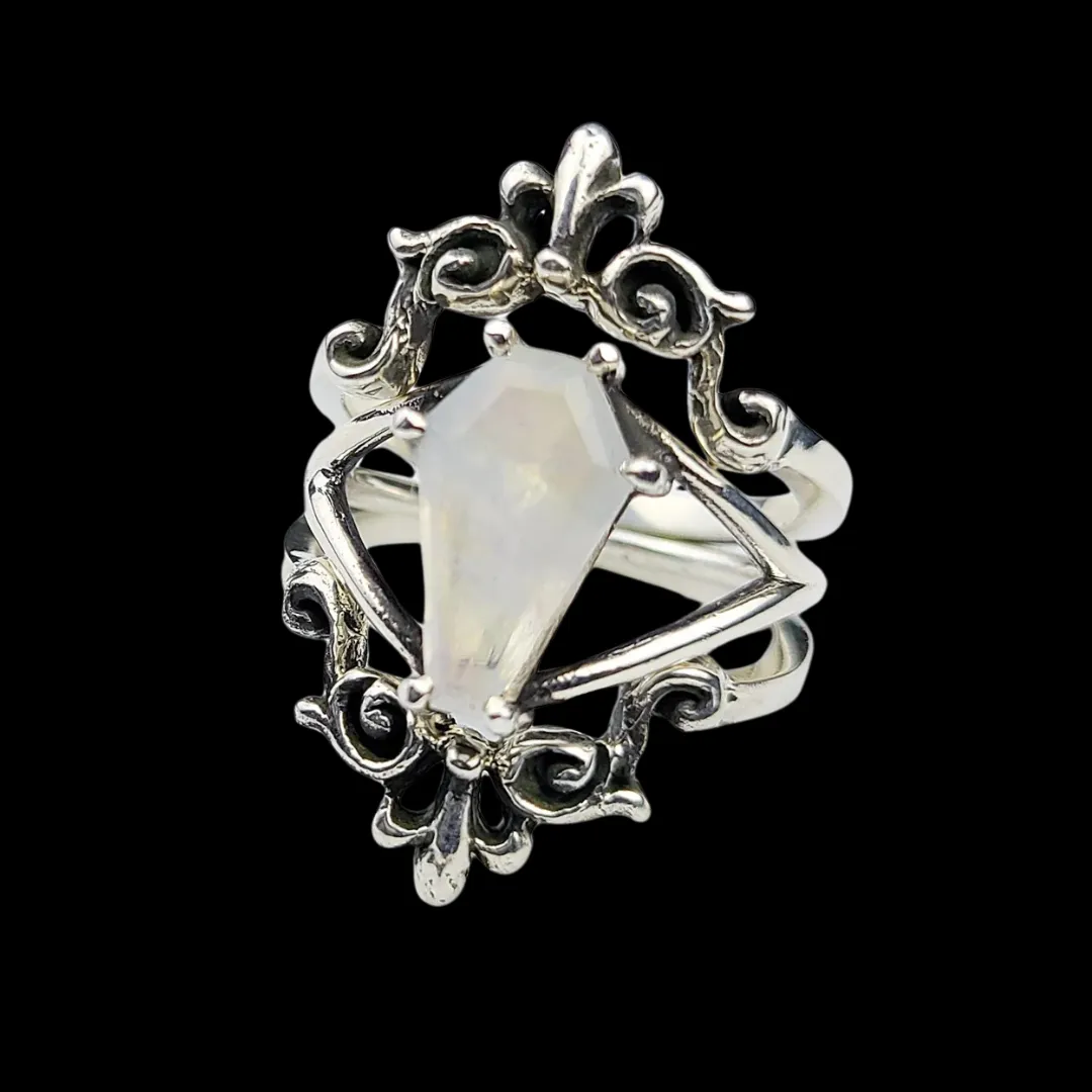 Rainbow Moonstone Coffin Ring with Baroque Lace Stacking Ring Combo