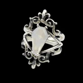 Rainbow Moonstone Coffin Ring with Baroque Lace Stacking Ring Combo