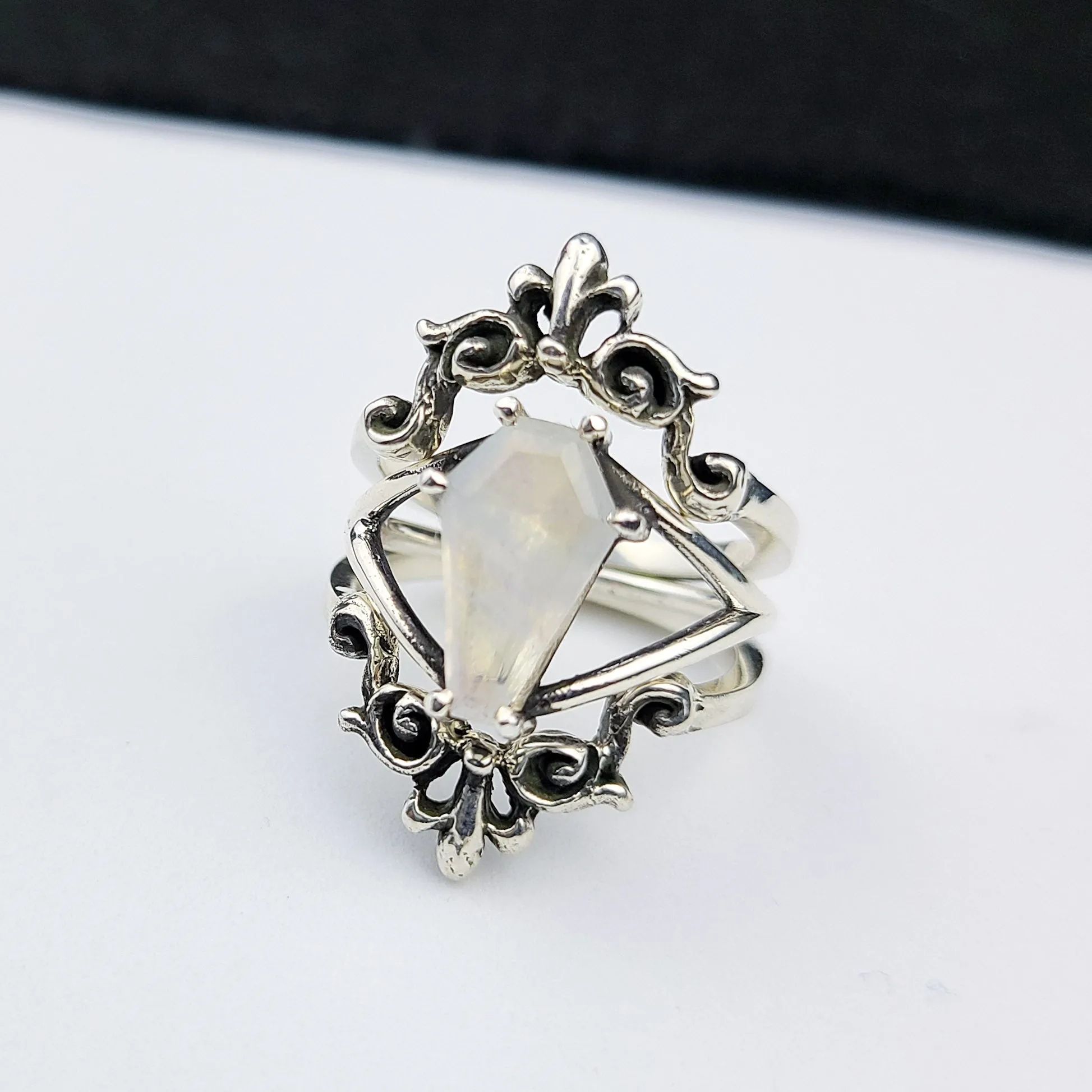 Rainbow Moonstone Coffin Ring with Baroque Lace Stacking Ring Combo
