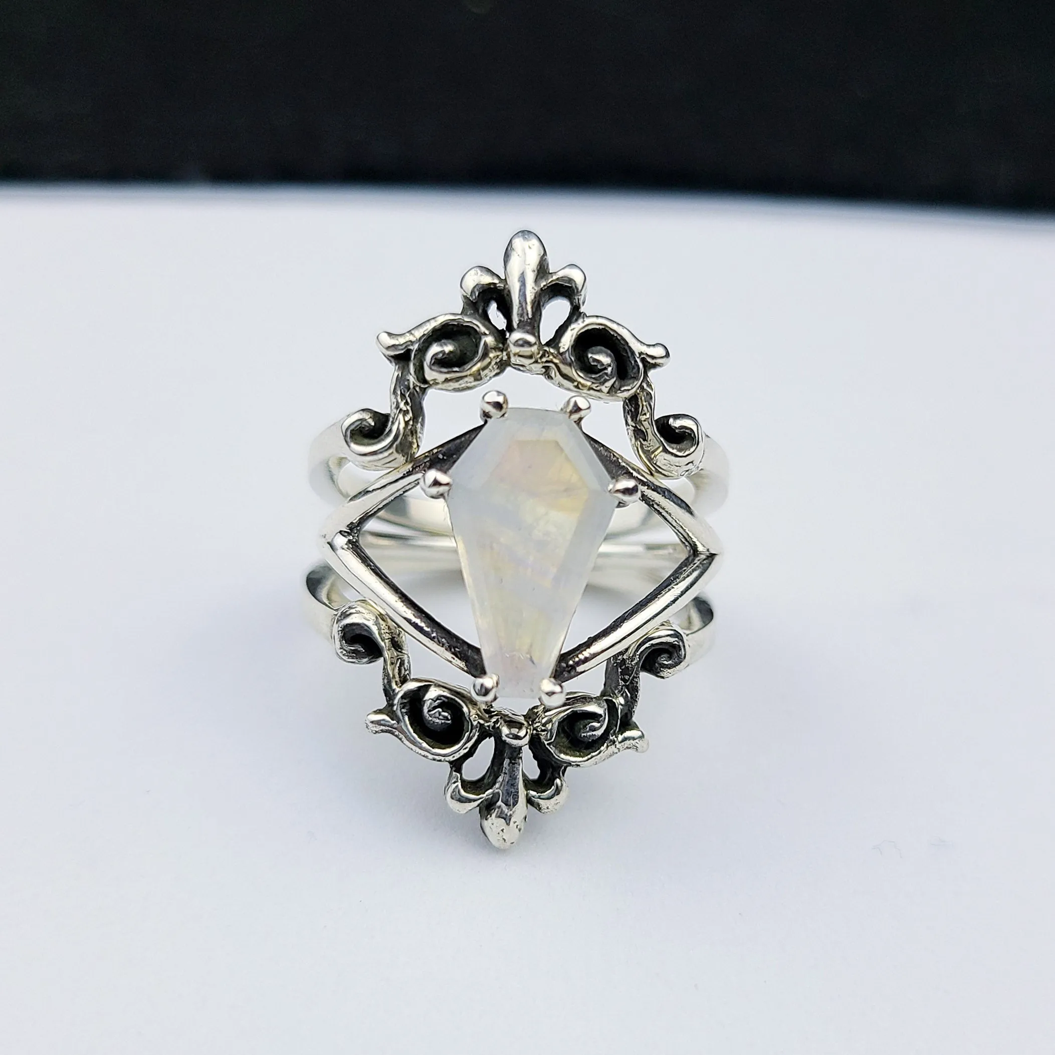 Rainbow Moonstone Coffin Ring with Baroque Lace Stacking Ring Combo