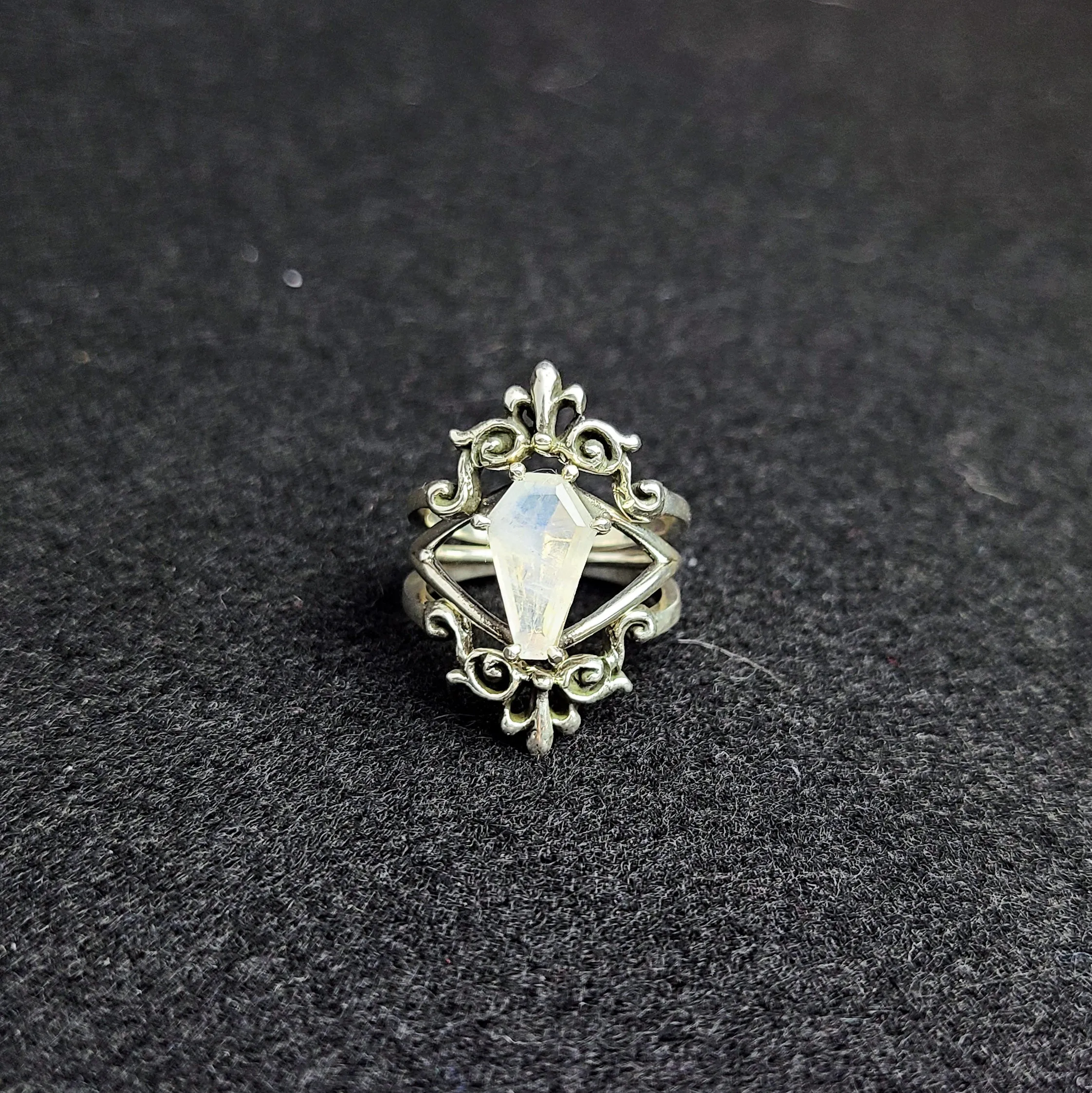 Rainbow Moonstone Coffin Ring with Baroque Lace Stacking Ring Combo