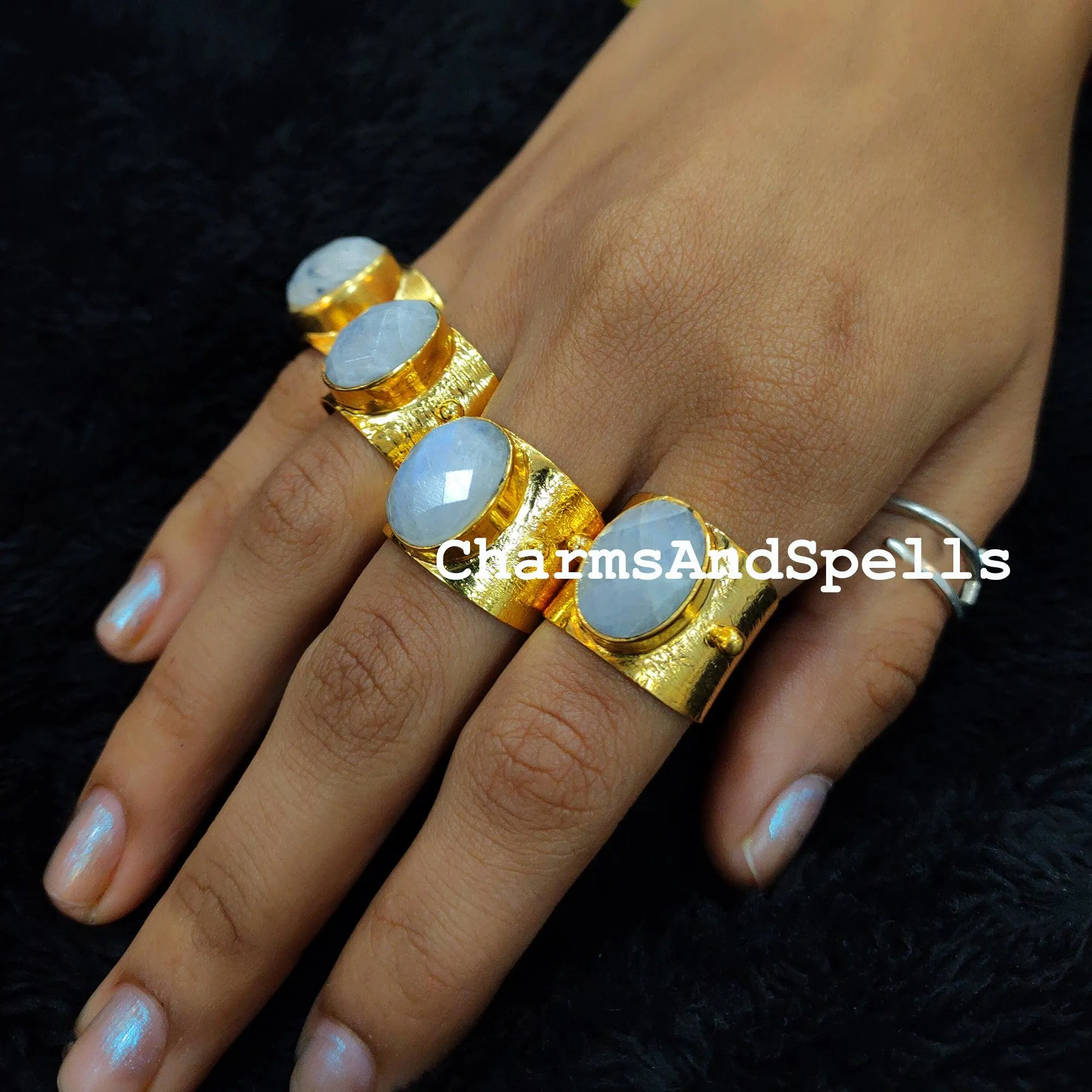 Rainbow Moonstone Ring, Moonstone Ring, Gold Plated Natural Rainbow Moonstone Handmade Ring, Ethnic Ring, Moonstone Cuff Ring