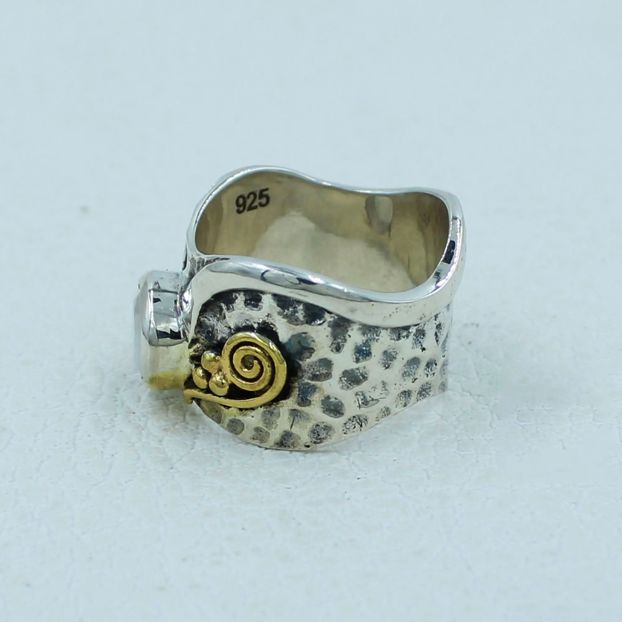 Rainbow Moonstone Two Tone Silver Band Ring