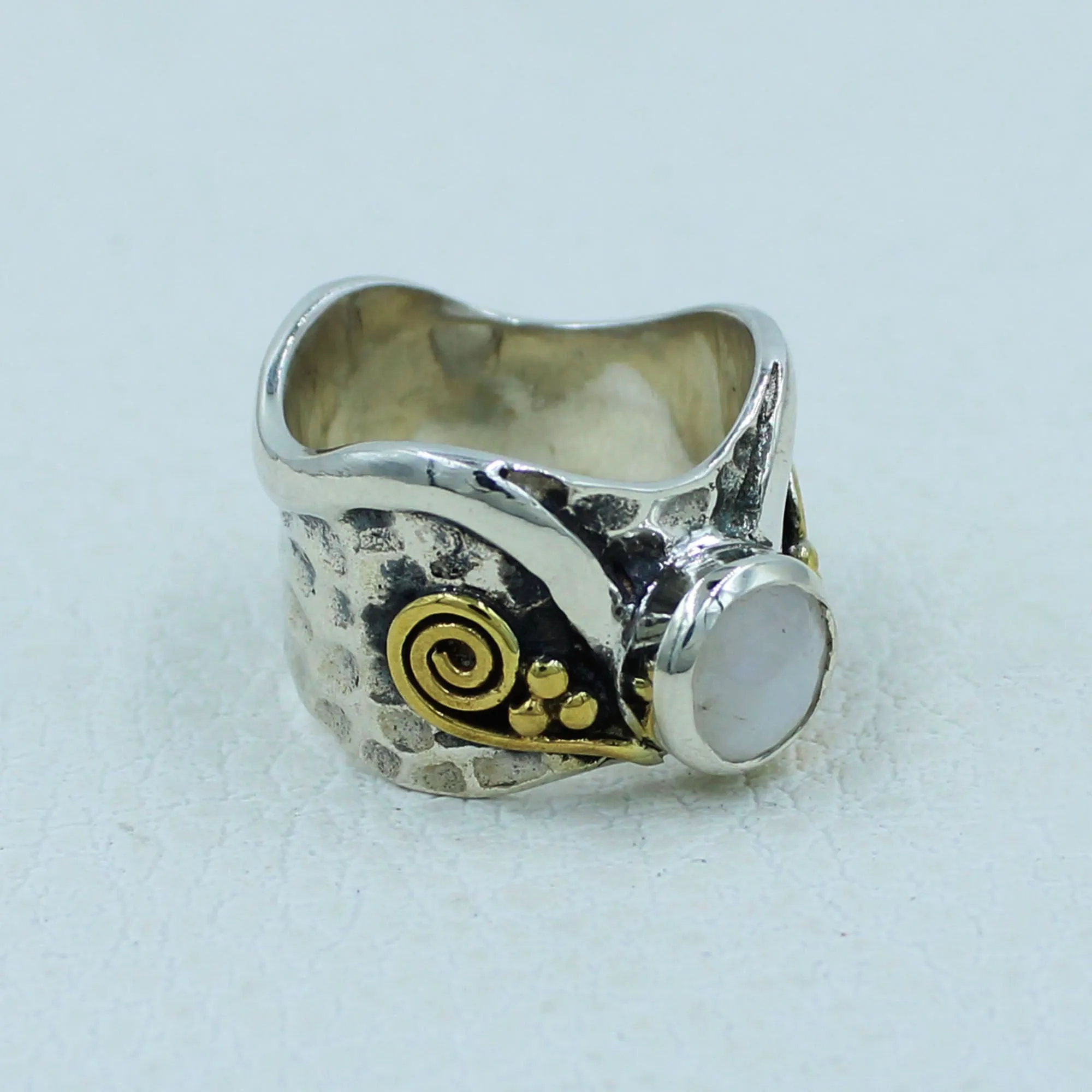 Rainbow Moonstone Two Tone Silver Band Ring