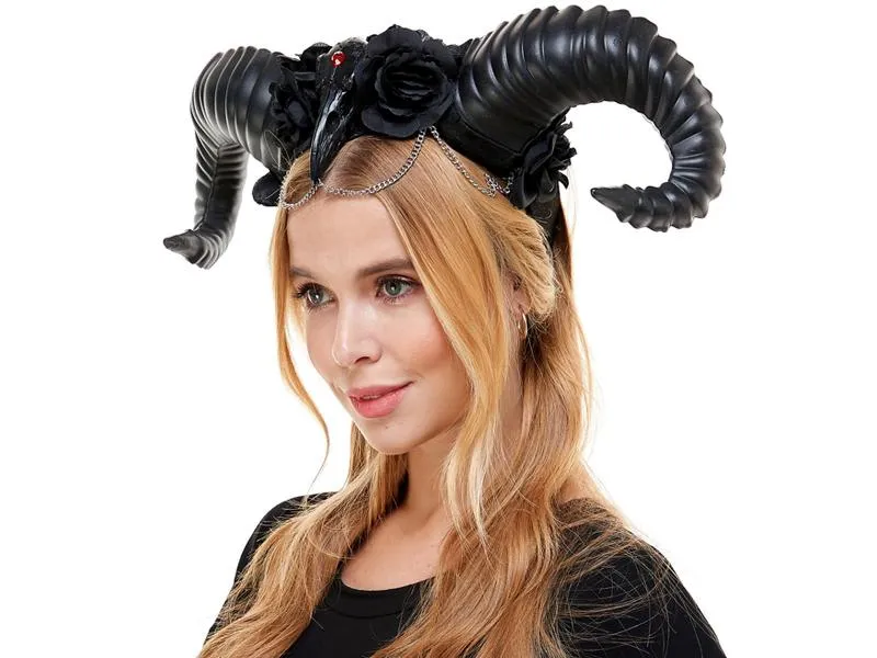Ram Horns Headpiece with Raven and Roses - Black