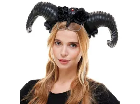 Ram Horns Headpiece with Raven and Roses - Black