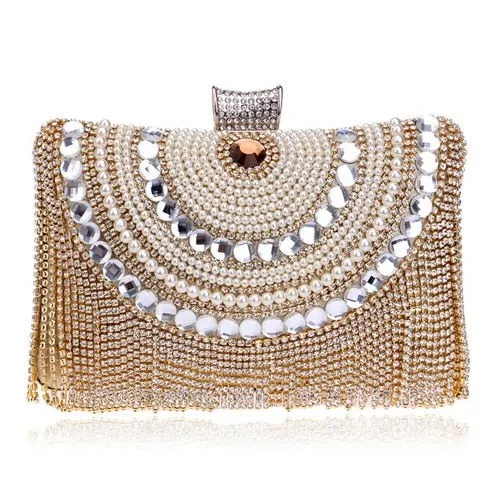 Rhinestone Tassel Clutch – Beaded Metal Evening Bag with Chain Shoulder Messenger Purse for Weddings
