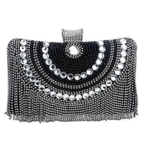 Rhinestone Tassel Clutch – Beaded Metal Evening Bag with Chain Shoulder Messenger Purse for Weddings