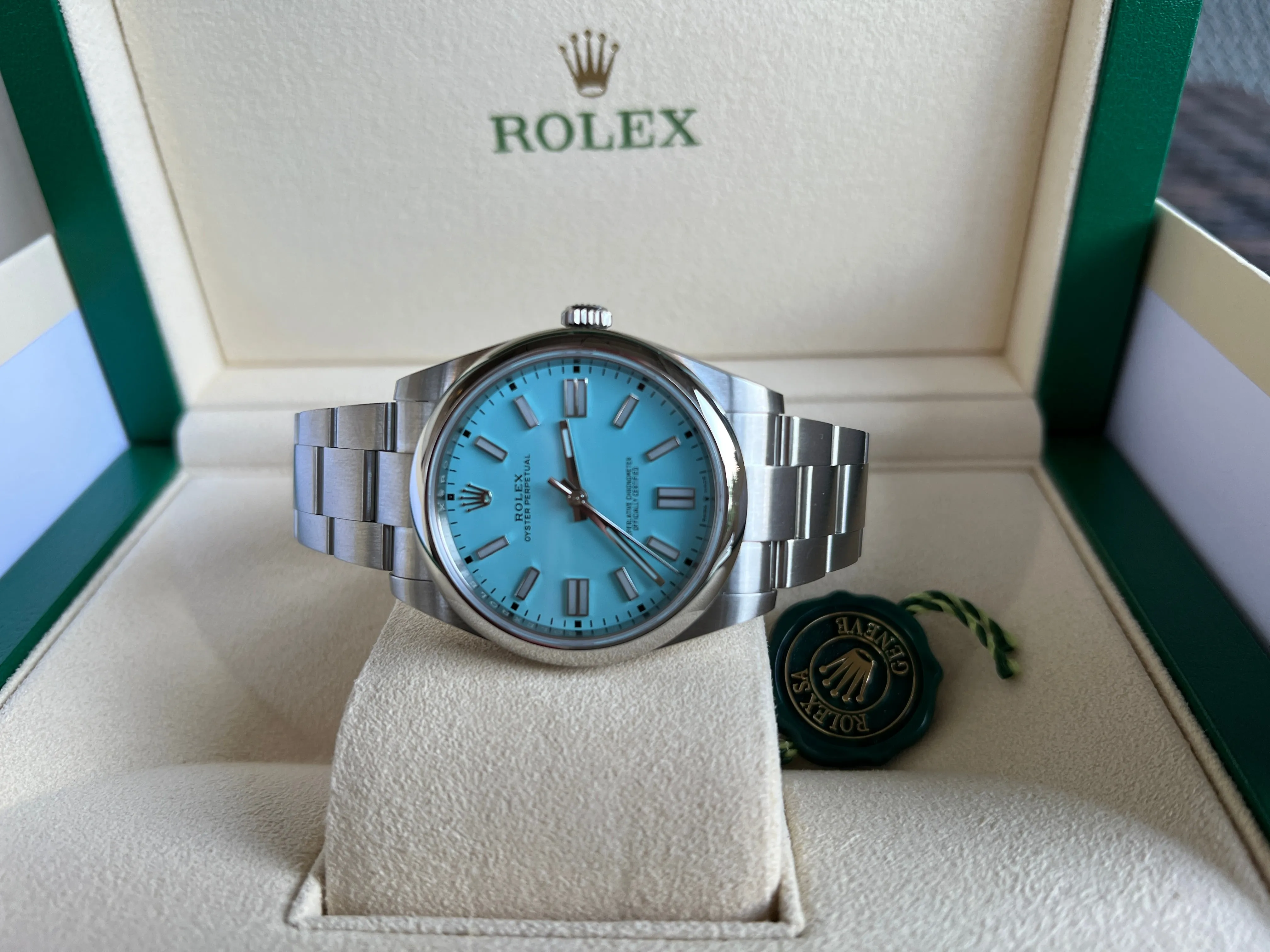 Rolex 41mm Oyster Perpetual 124300 Mens or Womens Watch.  Refinished Tiffany Blue Dial Mint Condition